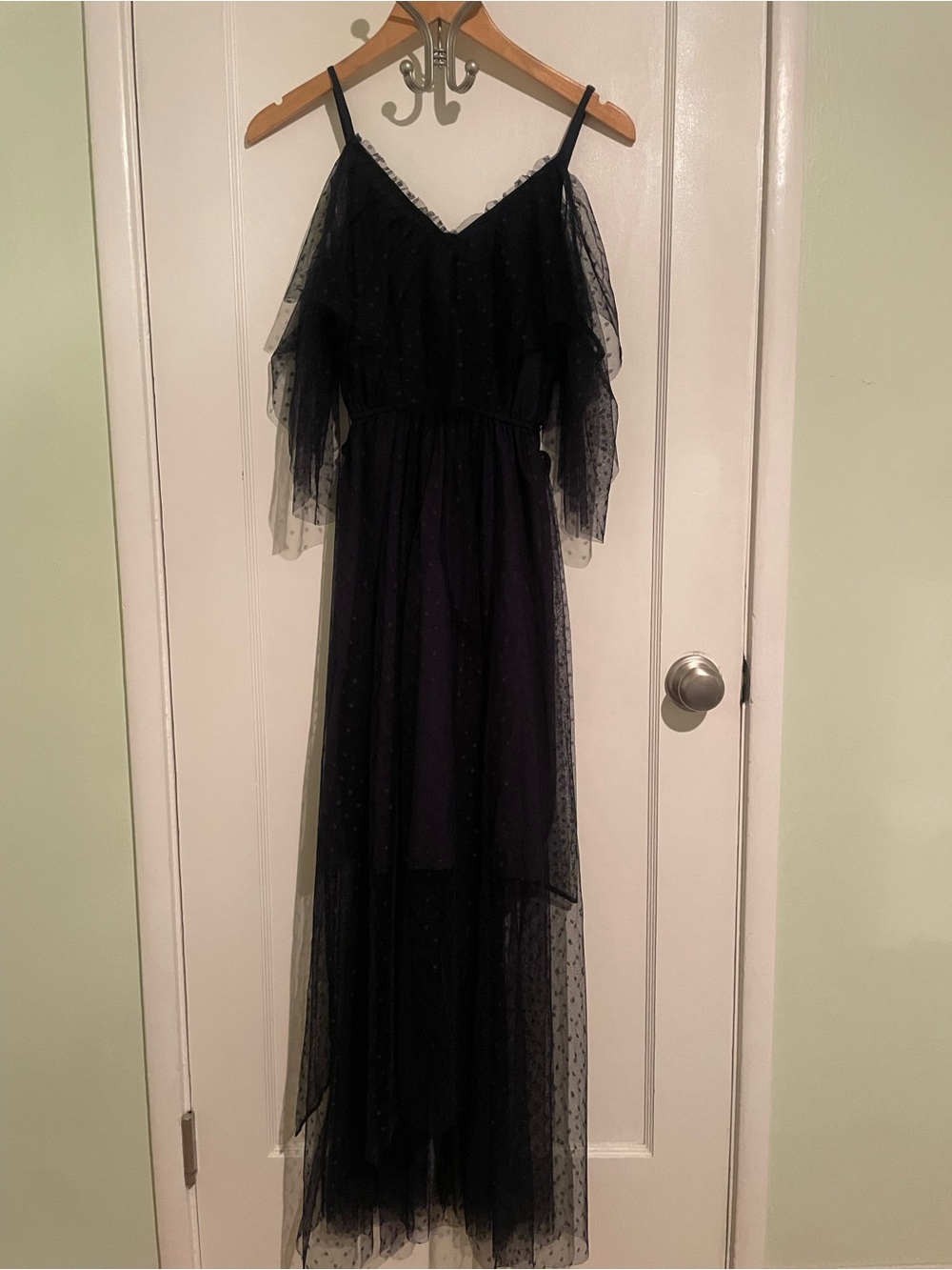 Navy Blue High-Low Spotted Mesh Dress